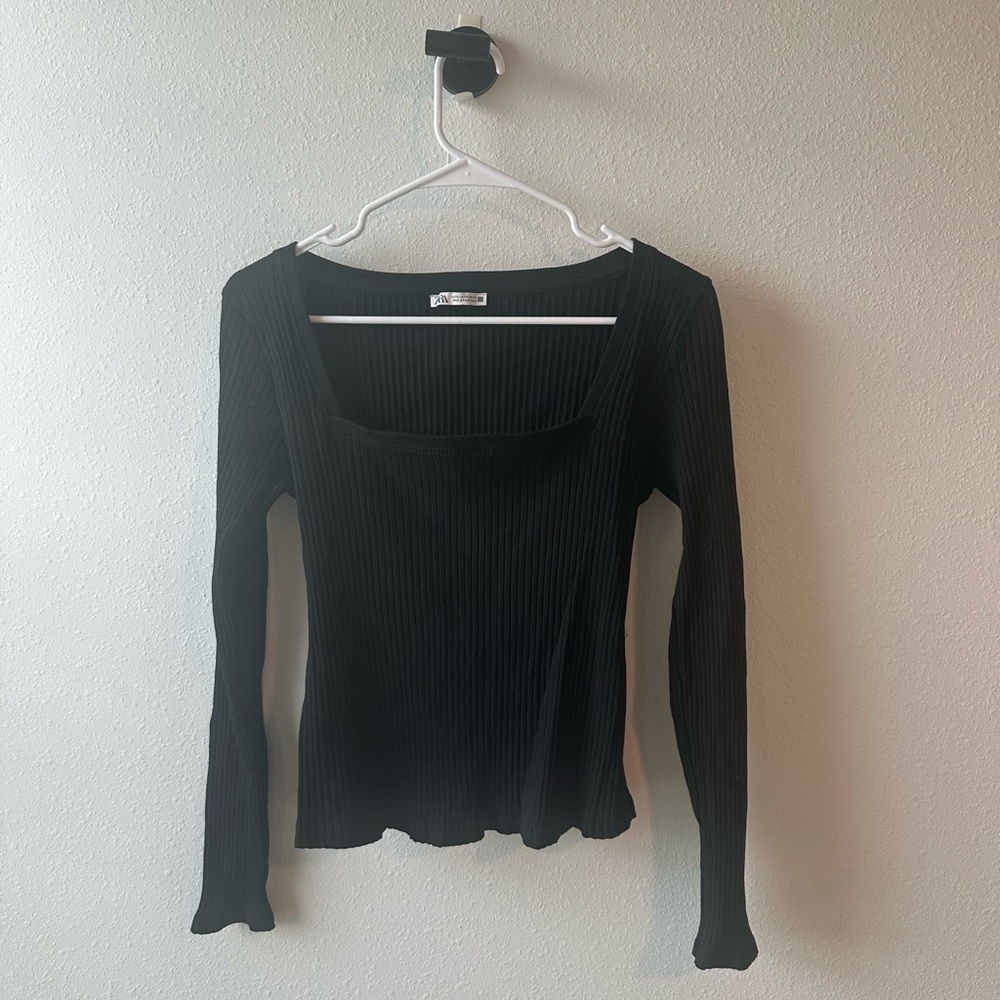 Zara Black Ribbed Women's Top with Square Neckline